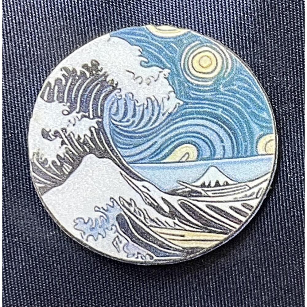 NWOT Blue Ocean Wave Brooch Round Lapel Pin Acrylic Sea Asian Inspired Art
